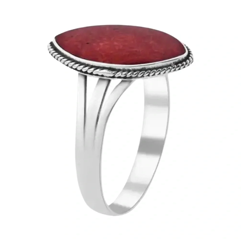 Coral Sponge Dark Red Marquee Shaped Sterling Silver Ring